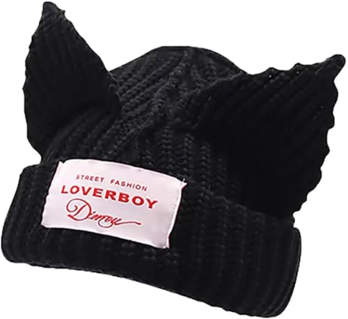 Cat Beanie with Ears Cat Ear Hat for Women Men Winter Knit Wool Cap Warm Slouchy Crochet Hat Pure Black