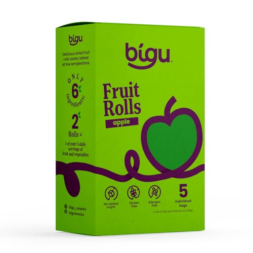 Bigu Fruit Rolls (5 Pack) – 100% Natural Fruit Leather, No Added Sugar – 2 Rolls per Pouch (10 Rolls Total) – Healthy Kids Snacks, School Safe, Gluten Free (Apple)