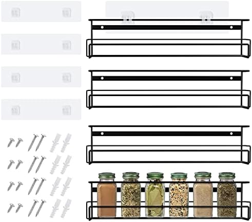 meluke Wall Mounted Spice Rack Organizer for Cabinet Door, Set of 4 Condiment Seasoning Organizer Wall Spice Rack Hanging Shelf for Spice Jars, Spice Jar Holder for Kitchen Cabinet Pantry Door (Black)