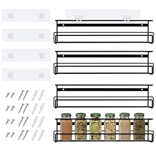 meluke Wall Mounted Spice Rack Organizer for Cabinet Door, Set of 4 Condiment Seasoning Organizer Wall Spice Rack Hanging Shelf for Spice Jars, Spice Jar Holder for Kitchen Cabinet Pantry Door (Black)