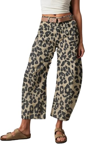 yoeasy Barrel Jeans for Women Casual Mid Rise Leopard Printed Wide Leg Baggy Cropped Denim Trouser Ankle Pants