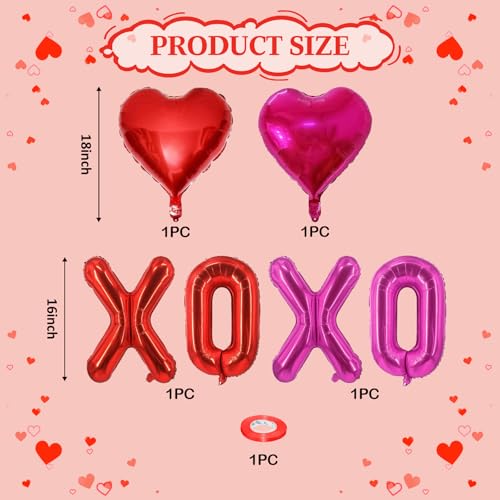Image of Red XOXO Heart Balloons 6 Pcs Valentines Day Balloons Red Pink Heart Shaped Balloon XOXO Foil Balloon Letters for Girls Women Anniversary Sweet Valentine Day Romantic Decor Special Night Party