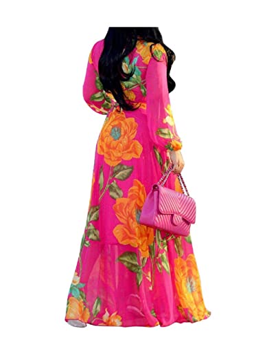 lvenzse Womens Maxi Dress Boho Chiffon Floral Printed Long Party Dresses Plus Size with Belt (FBA)2