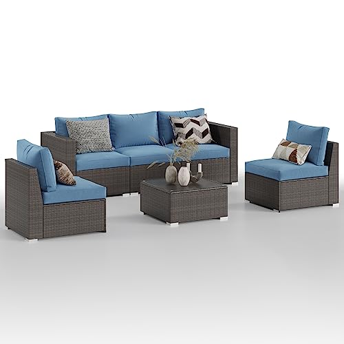 Wisteria Lane 6 Piece Outdoor Patio Furniture Sets, Outdoor Sectional Furniture With Tempered Glass Table And Cushion, Wicker Patio Conversation Sets For Garden Backyard, Blue #TOP7