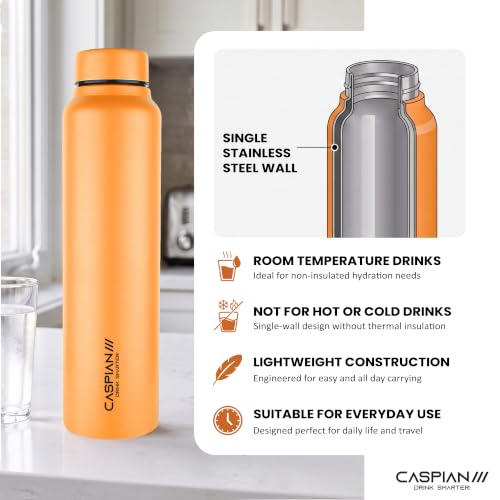 Image of CASPIAN / / / Astra Stainless Steel Water Bottle 1 litre (1000 ml) | Single Wall, Leakproof & BPA-Free | Reusable Metal Bottle for Fridge, Home, Office, Gym, School & Travel, Tangerine, Pack of 1