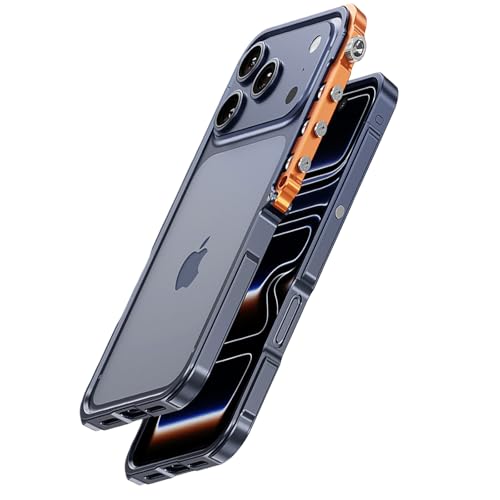 IPhone 17 Pro / 17 Pro Max 用 メタルフレーム ケース 背面なし アルミ合金 ネジ固定式 バンパー 放熱設計 耐衝撃 スリム 軽量 ミニマル 工業デザイン 高質感 メカニカルスタイル ケース メンズ レディース(Blue,17 P