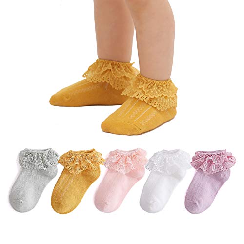 Mini Angel Baby Lace Socks Newborn Girls Double Lace Ruffle Frilly Ankle Socks Soft Cotton Dress Socks with Box Gift Set,5 Pairs,Cream/Pink/Light Green/Gold/Violet,0-3 Months
