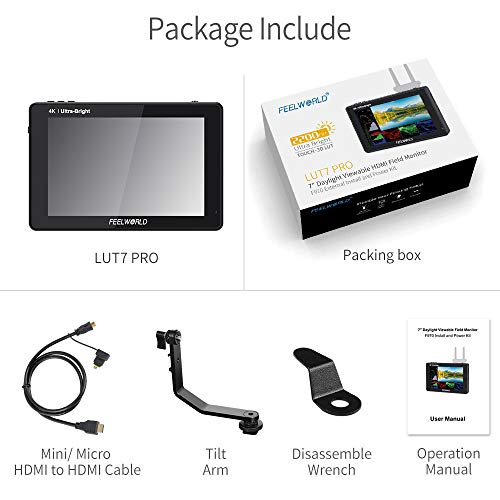 Feelworld Lut7 Pro 7 Inch Ultra Bright 2200Nits Dslr Camera Field Monitor 3D Lut Touch Screen Hdr With Waveform F970 External Power And Install Kit 4K Hdmi Input Output 1920X1200 Ips Panel #TOP7