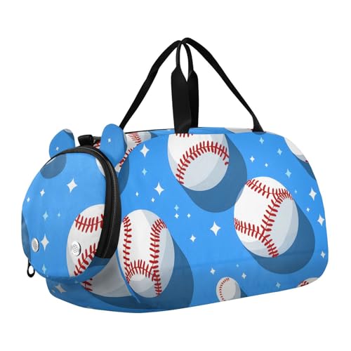 Gym Travel Duffle Bag for Boys Girls White Baseball Blue Pattern Sports Dance Bag with Shoe Compartment & Wet Pocket Football Kids Travel Bag Teens Sleepover Carry