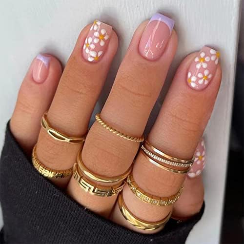 24pcs French Tip False Nails Short, Square Stick on Nails White Tip Press on Nails Removable Glue-on Nails Fake Nails Acrylic Full Cover Nails Women Girls Nail Art Accessories