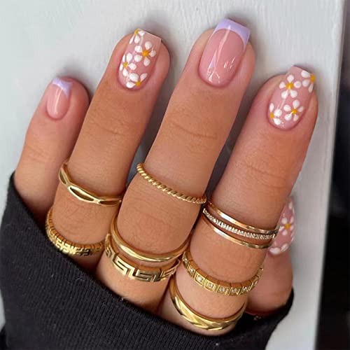 24pcs French Tip False Nails Short Square Press on Nails Beautiful White Daisy Flower Lilac Edge Stick on Nail Removable Glue-on Acrylic Full Cover Fake Nail Art Accessories for Women