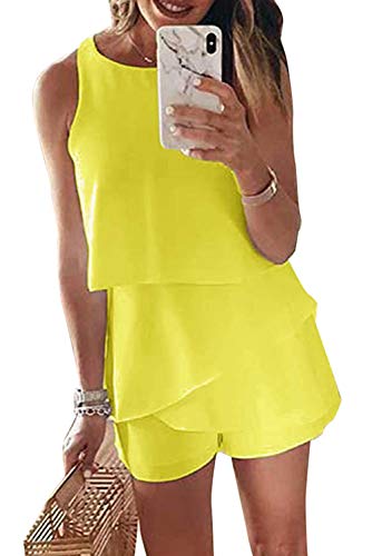 Maavoki Mono para mujer, elegante, de verano, sin mangas, con volantes, parte superior y pantalones cortos, amarillo, S
