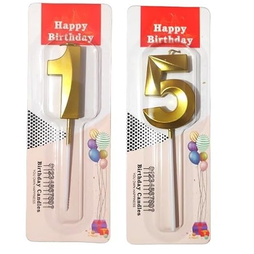 Image of ToyUniverse Number 15 Metallic Gold 3D Candle for Fifteenth Birthday, Anniversary, Surprise Party Cake Decoration (Pack of 2)