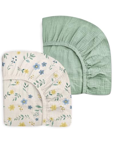 Image of Crib Sheets for Baby Boy Girl 2 Pack, Fitted Crib Mattress Sheet 28 inch x 52 inch, Muslin Toddler Bedding with Neutral Style, Nursery Bedding Essentials (Spring Garden & Sage)