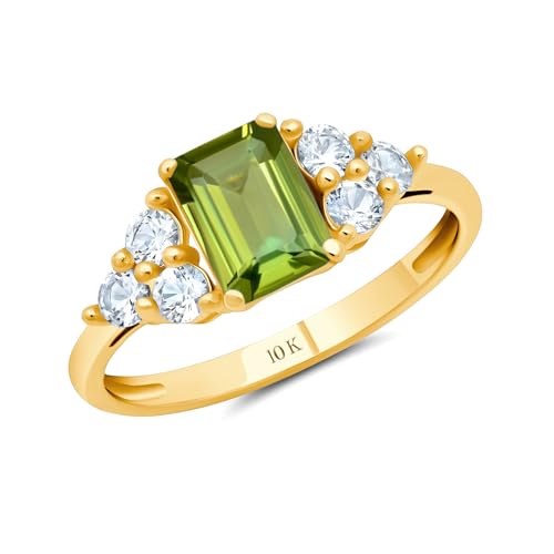 MAX + STONE Solid 10K Yellow Gold Ring for Women with Emerald Cut Green Peridot Gemstone and Created White Sapphire Accents | August Birthstone Rings | Real Peridot Anniversary Ring Size 9