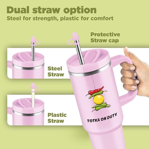 Image of MILTON Malmo 1200 Thermosteel Double Wall Vacuum Insulated Stainless Steel Tumbler with Handle 1100ml, Travel Mug with Straw,Silicon Cap,Cleaning Brush,Hot & Cold Beverage Flask,Totka Pink