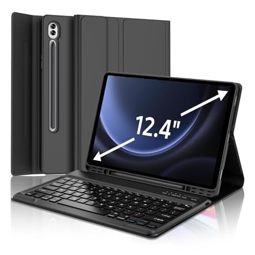 Capa com Teclado SENGBIRCH para Samsung Galaxy Tab S9 FE + 5G e S9 Plus (12,4 polegadas), Teclado sem fio Bluetooth, Auto Sleep/Wake Smart Folio com suporte de caneta S, Teclado S9 FE 12.4, Preto