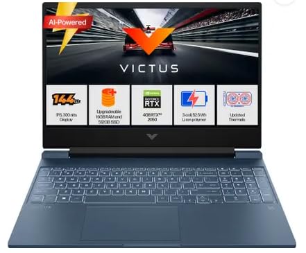 Image of HP Victus AMD Ryzen 5 Hexa Core 8645HS - (16 GB /512 GB SSD /Windows 11 Home /4 GB Graphics /NVIDIA GeForce RTX 2050 /144 Hz) fb3003AX Gaming Laptop (15.6 inch, Blue, 2.29 Kg, with MS Office)