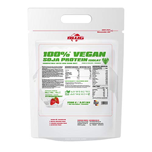 BWG Soja Isolat Protein Shake, 100% (Vegan und Laktosefrei) rein pflanzliches Eiweiss Pulver, Premium Sojaeiweiß, ohne Gentechnik, Strawberry, 1 x 2500 g