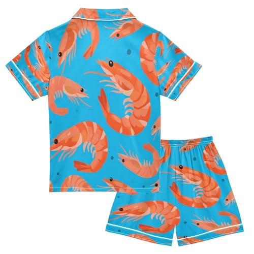 Satin Pajama Sets Short Sleeve Shrimp Pattern on Blue Background Button Down Silky Nightwear 2 Piece PJS 5-14Y2