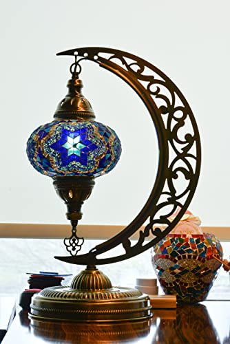 Mozaist Moroccan Mosaic Crescent Shape Table Lamp, Turkish Moon Tiffany Style Handmade Desk Dim Light, Farmhouse Living Room Luna Lighting, Unique Turkish Gift With E12 Socket & Us Plug (Sea Blue) #TOP6