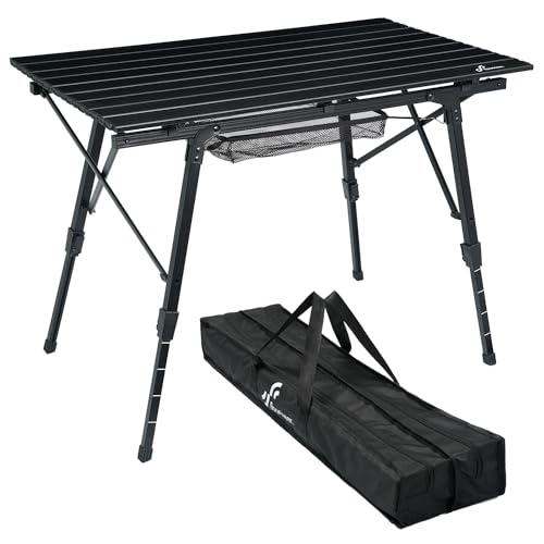 Sportneer Składany Stół Kempingowy 90 × 52 cm, Lekki i Przenośny, Regulowana Wysokość, Aluminiowy Blat Rolowany, Aluminiowe Nogi, Z Odłączaną Siatkową Półkąmi, Na Kemping, Piknik i Outdoor