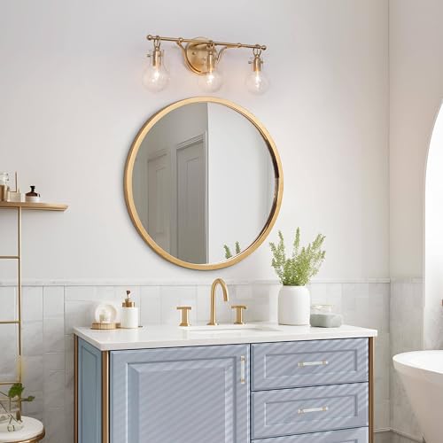 Image of KSANA Gold Bathroom Light Fixtures, 20'' Modern Vanity Lights with Clear Teardrop Glass Shade, 3-Light Bathroom Lighting Over Mirror