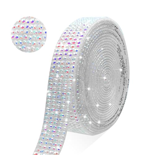 GUGANEL Self Adhesive White AB Rhinestone Ribbon Crystal Strips, 3 Yards Bling Christmas Resin Rhinestone Diamond Sticker for DIY Crafts,Wedding,Halloween Christmas Party(5 Rows of 3 Yards,White AB)