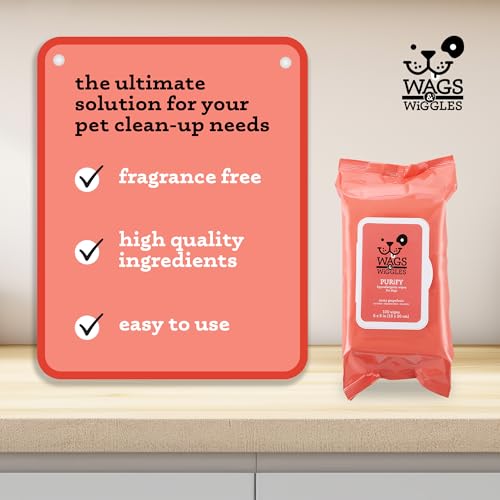 Wags & Wiggles Purify Hypoallergenic Wipes for Dogs, Zesty Grapefruit Scent - Scented Dog Wipes Gently Clean & Condition Your Dog's Coat Without A Bath, 100 Count