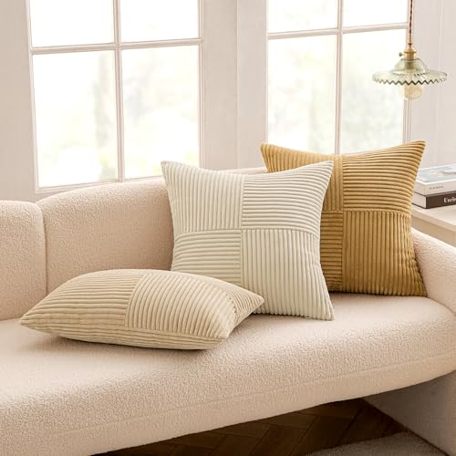Image of MIULEE Cream Yellow Decorative Throw Pillow Covers 18x18 Inch for Couch Bed Sofa Pack of 2 Khaki Boho Farmhouse Throw Pillows Soft Cross Corduroy Patchwork Textured Cushion Cases