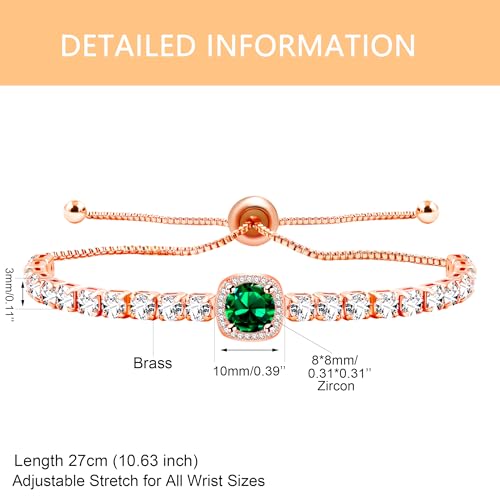 Image of Rose Plated Gold Brass Box Chain Cubic Zirconia Classic Tennis Slider Adjustable Bracelet, Round Big Zircon Charm Give Woman Mom Mother's Day Fashion Crystal Gift