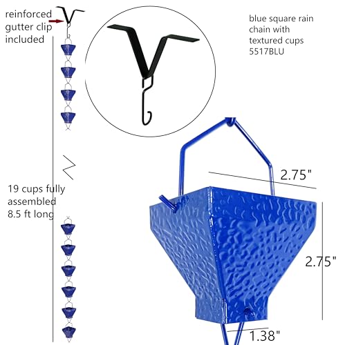 Rain Chains, Roof Gutter Downspout/Spout Channel, Rainwater Water Catcher/Diverter, 8.5 feet Length, Metal, Blue Powder Coated, Texture Square, Modern, 5517BLU - Image 3