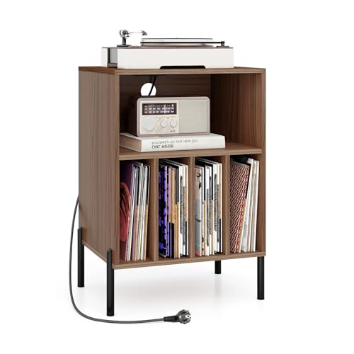 KOMFOTTEU Soporte para Tocadiscos con Estación de Carga, Estantería para Discos de Vinilo con 5 Compartimentos Abiertos, Mesa Auxiliar para hasta 150 Álbumes, Mesa de Impresión para Oficina (Nogal)