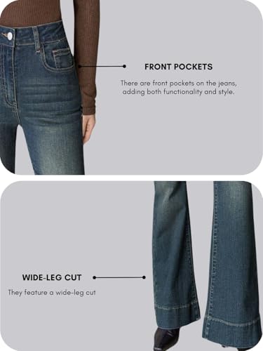 Image of GRECIILOOKS Women High Rise High Waist Jeans Wide Leg Straight Fit Denim | Baggy Cargo Style Casual Pants Daily College Wear