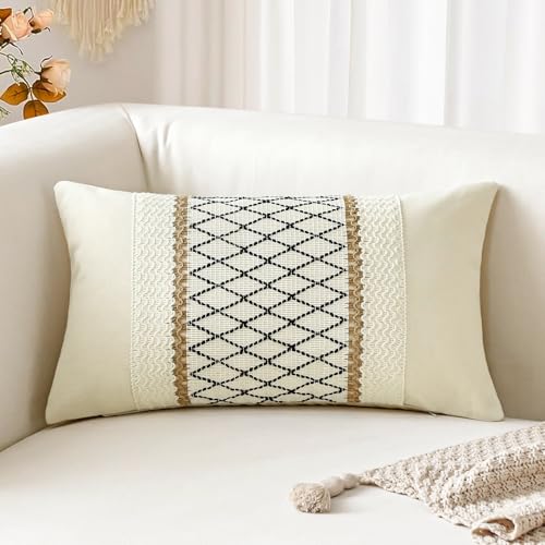 Sungeek Housse de coussin lombaire bohème 30 x 50 cm en coton et toile de jute texturée à rayures tissées de style bohème pour canapé, salon, grille...