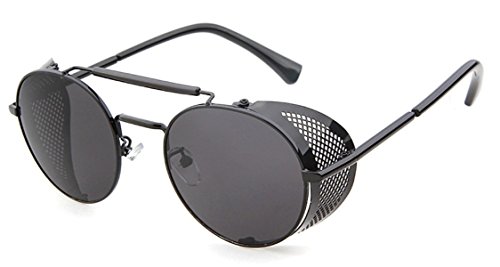 Flowertree STY056 Metal Frame Mesh Fold-in Side Shield Round 52mm Sunglasses, C1-black+grey, Medium
