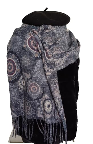 Écharpe 100% cachemire imprimé mandala noir blanc femme