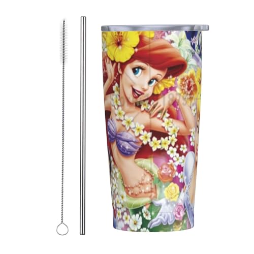 アリエル アニメ ストロー&ストローブラシ付き マグカップ コーヒーカップ 600ml コンビニカップ タンブラー ステンレス製 保冷 保温 車用 蓋付き 持ち運び 水筒 大容量 直飲み キャラクター 人気 プレゼント