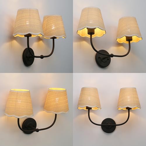 Image of Phansthy Industrial Hardwired Wall Sconce Vintage Farmhouse Wall Light, Boho Brass Finished Wall Lamps with Natural Rattan Woven Lampshade for Bedroom, Living Room (Black, Two-Light)