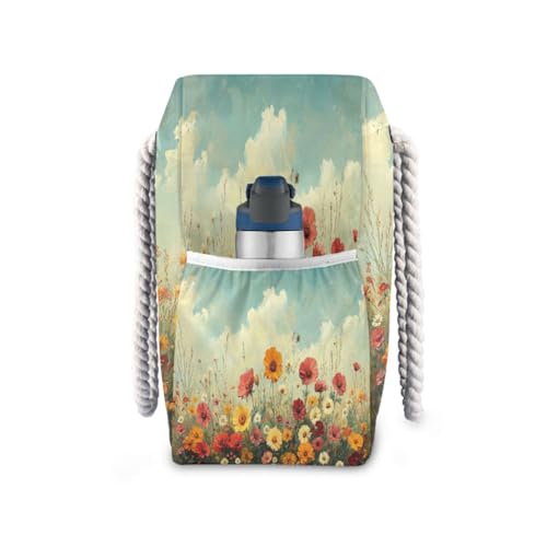ATTX Wild Flowers Oil Painting Beach Bags for Women - Large Beach Bags with Zipper Waterproof Sandproof Swim Pool Bag Large Tote#3773
