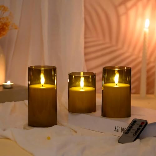Image of Amazon Basics Flameless LED Candles with Remote Controller & Timer|Golden Acrylic Fiber Glass|Set of 3|(Smoked Grey), Unscented