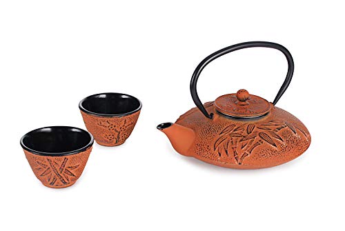 Hinomaru Collection Rikyu Japanese Cast Iron Tetsubin Tea Set Including Teapot 26 Fl Ounce with Stainless Steel Infuser 2 Enameled Cast Iron Tea Cups Gift Packaging Bamboo Orange