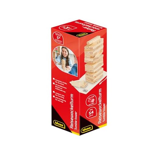 Idena 40088-Juego de Viaje Wackelturm Juego de Habilidad 54 Bloques de construcción y Bolsa de Almacenamiento, Aprox. 4.8 x 4.8 x 14.4 cm Torre apilable Grande, Color Madera Berlin 40088