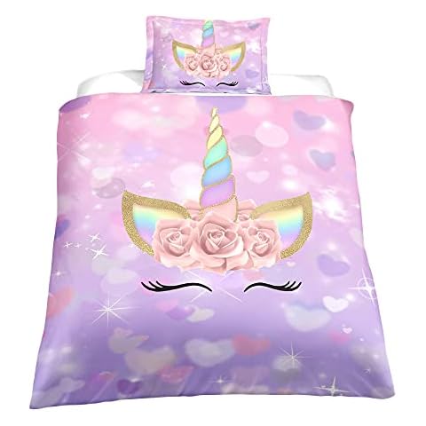 ADASMILE A & S Unicorn Bedding Twin for Girls Kids Duvet Cover Sets Pink Unicorns Floral Heart Printed Comforter Cover with Standard Pillowcase All Season for Home Bedroom Decor Cover