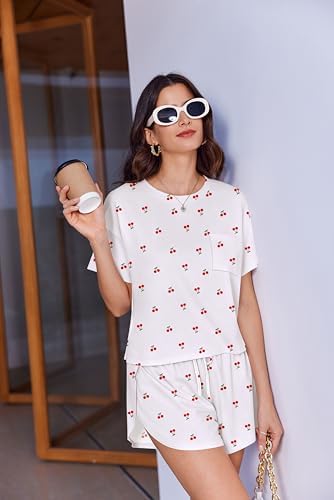 Ekouaer Womens Cherry Pajama Sets Sexy Lounge Sets Side Split Short Pj Sets Cute Pjs 2 Piece Comfy Sleepwear Loungewear Little Cherry Medium - 4