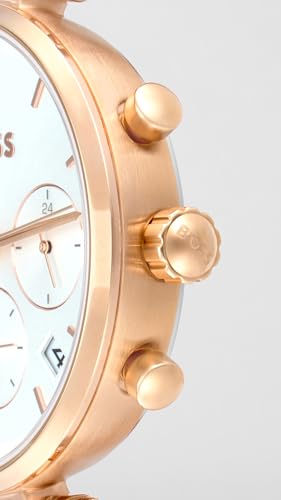 Image of BOSS Majesty Sport Qtz Multifunction Silver White Round Dial Women's Watch|Ionic Plated Rose Gold Steel Material|Gold Color Band - 1502774