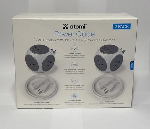 Atomi Power Cube 2-Pack – 3AC Outlets + 3 Smart USB Ports(2 USB-A & 1 USB-C) + 5-ft. Cable