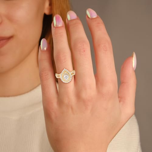 SAVEARTH DIAMONDS Double Halo Shank Engagement Rings for Women, Center 6x4mm Pear and Round cut Lab Created Moissanite Ring in 10K / 14K Solid Gold OR 925 Sterling Silver2