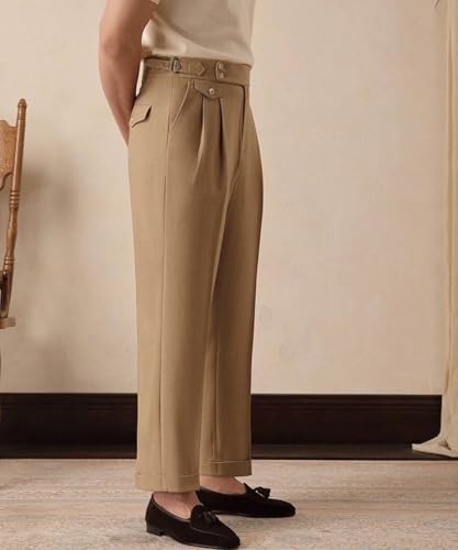 Vintage Men's High - Waisted Pleated Cotton Trousers with Buckle, Retro Fit for Daily4