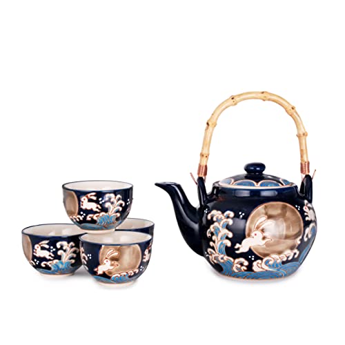Hinomaru Collection Japanese Style Moon Rabbit Design 25 Fl Oz Ceramic Teapot With Rattan Handle And 4 Tea Cups Set #TOP13